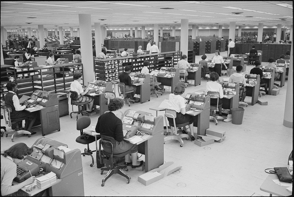 Vast Social Security Administration floor of clerks at card machines, Baltimore, 1960