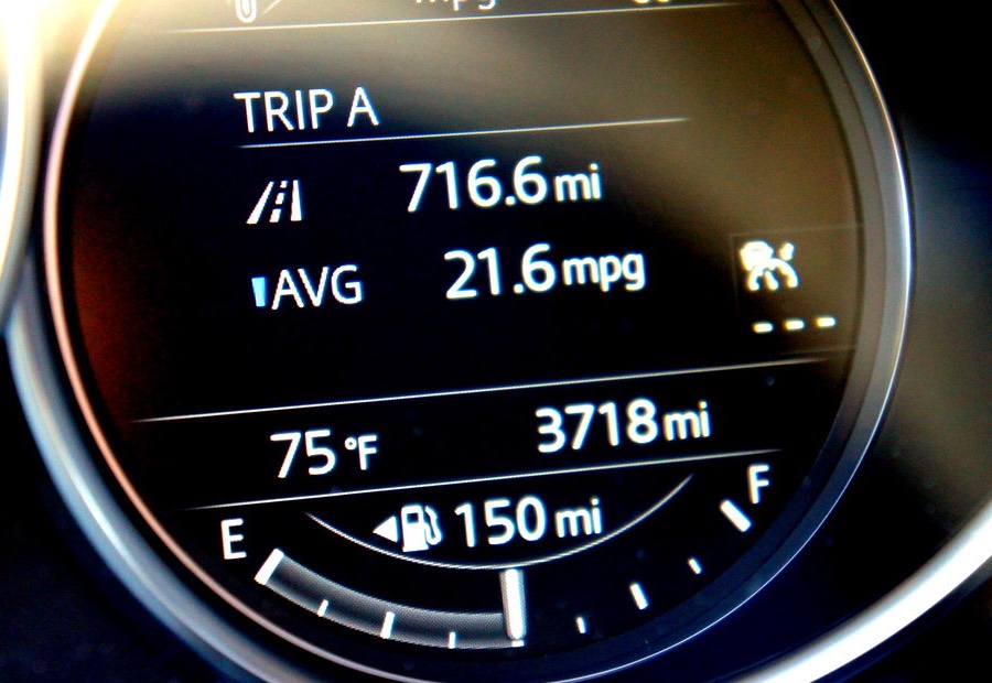 Car trip meter showing 716.6 miles driven