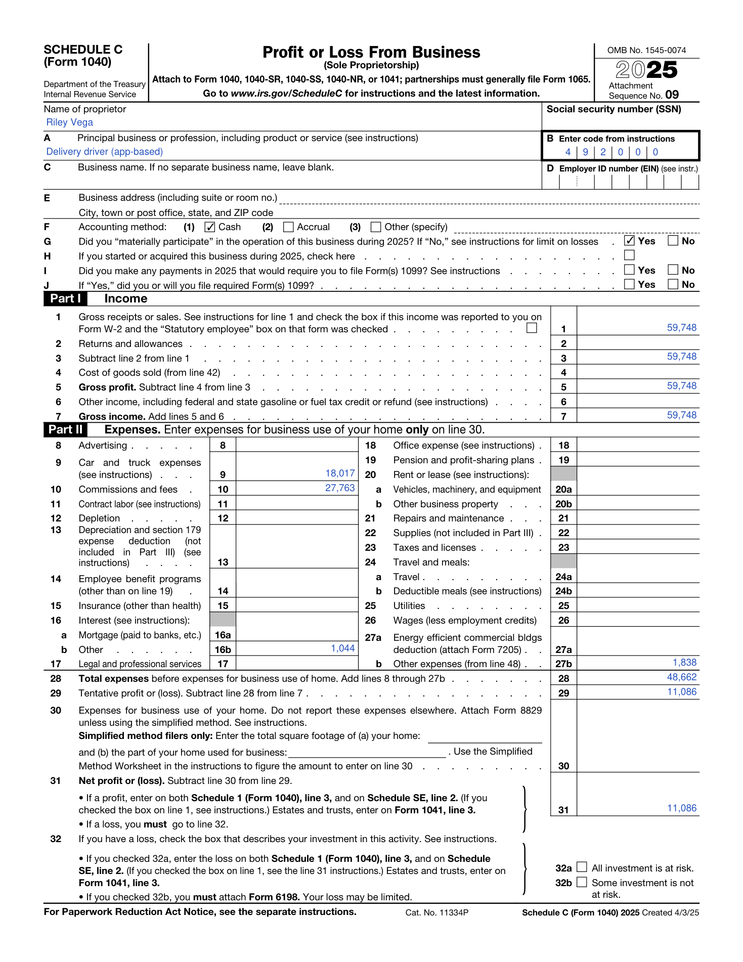 Schedule C, Profit or Loss From Business, 2025, filled in: gross receipts 59,748, car and truck 18,017, commissions and fees 27,763, interest 1,044, other expenses 1,838, net profit 11,086